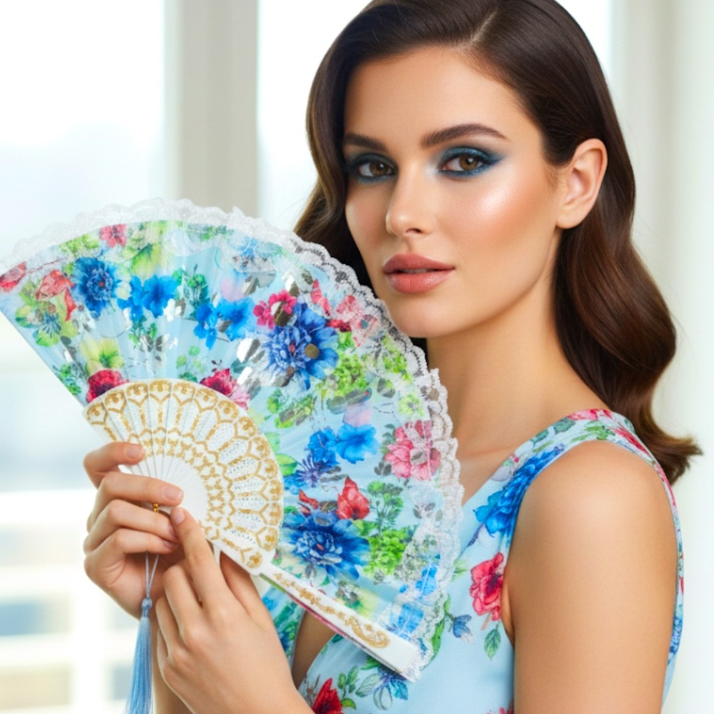 ✨NEW Floral Lace Hand Fan - Blue Multicolor